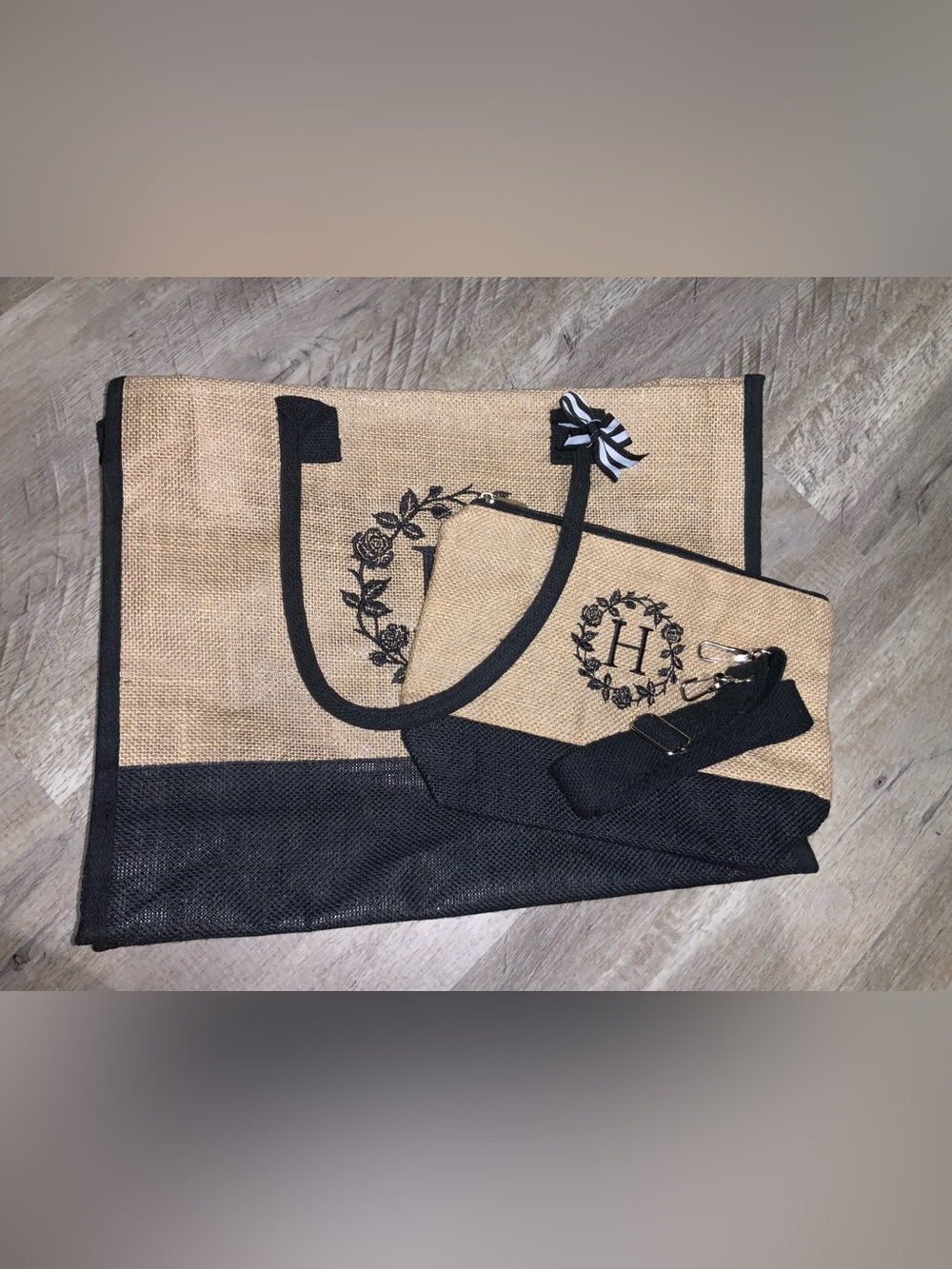 (Bin 4) Monogrammed Natural Jute Tote with Black Trim w/ strap and tiny bag